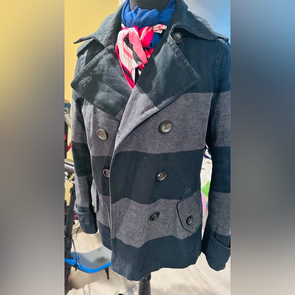 Women’s Striped Gray and Black Peacoat
